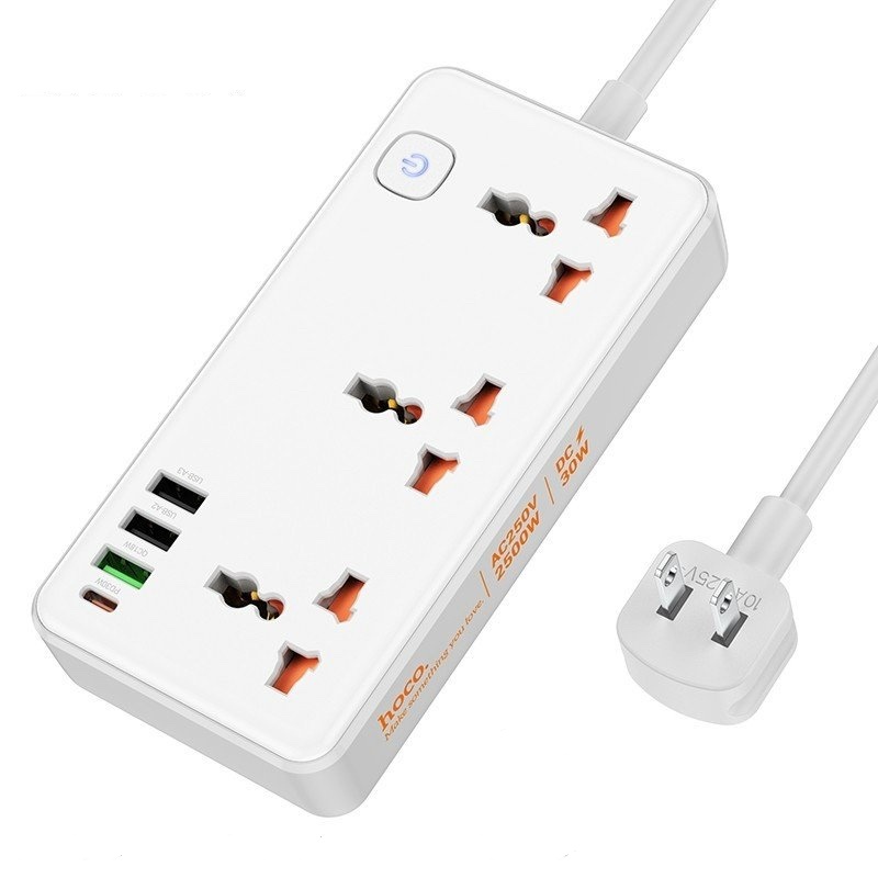 Ổ cắm điện đa năng cao cấp dây đồng chịu tải 2500W, sạc nhanh PD 30W cổng typeC + QC18W có 3*USB và 1*Type-C , dây dài 1.5m - Hàng nhập khẩu
