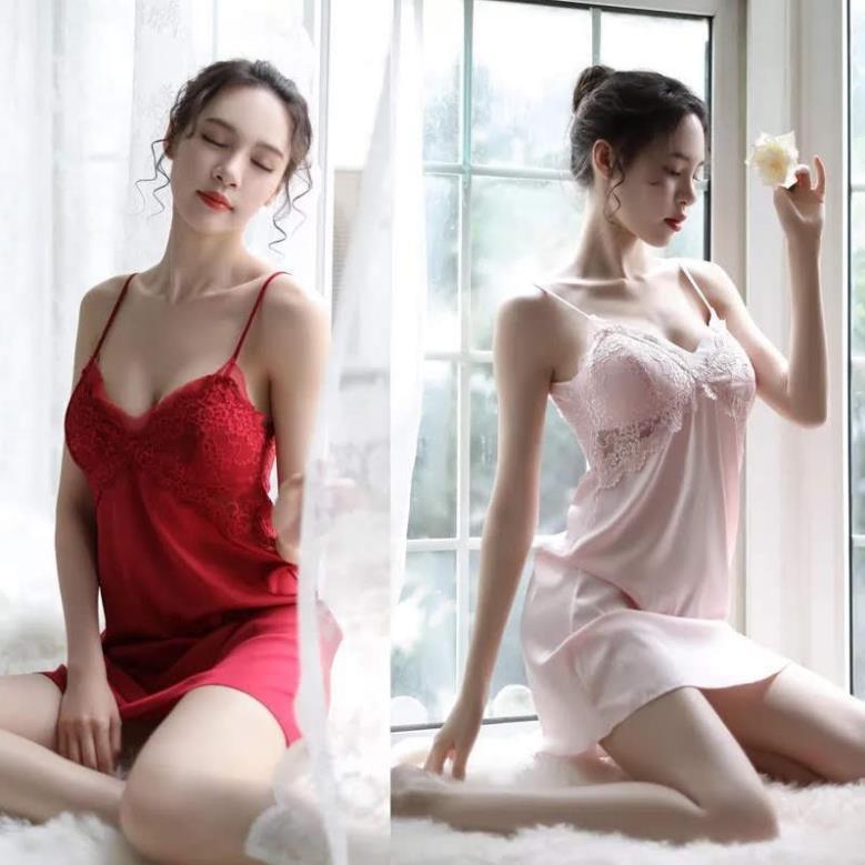 1805 Đầm ngủ lụa quyến rũ váy ngủ 2 dây gợi cảm phối ren sexy Helis Bra