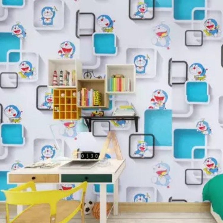 Cuộn 5m Decal Giấy Dán Tường DOREMON Ô VUÔNG