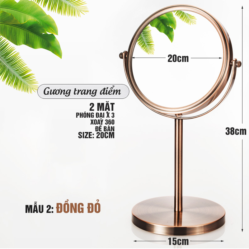 Gương trang điểm để bàn Đồng đỏ Copper, phóng đại zoom x3, 2 mặt xoay siêu nét Minh House