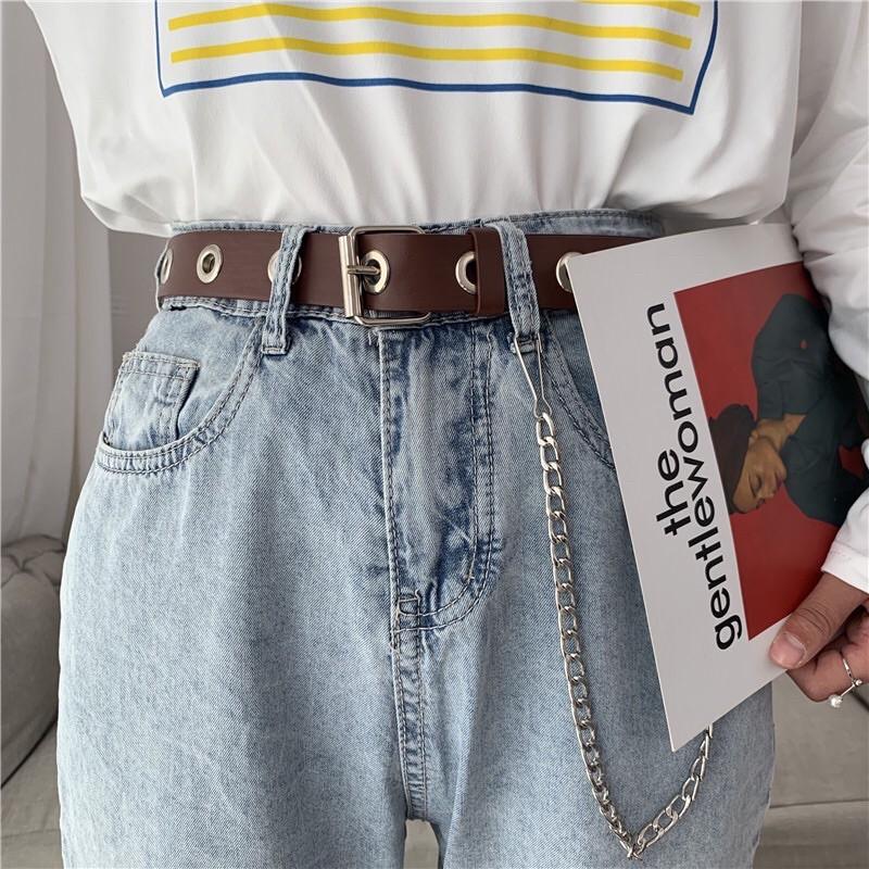 Dây thắt lưng da viền bạc tặng kèm xích chain nam nữ Ulzzang BELT bạc Style HÀN QUỐC LOẠI 1 cá tính
