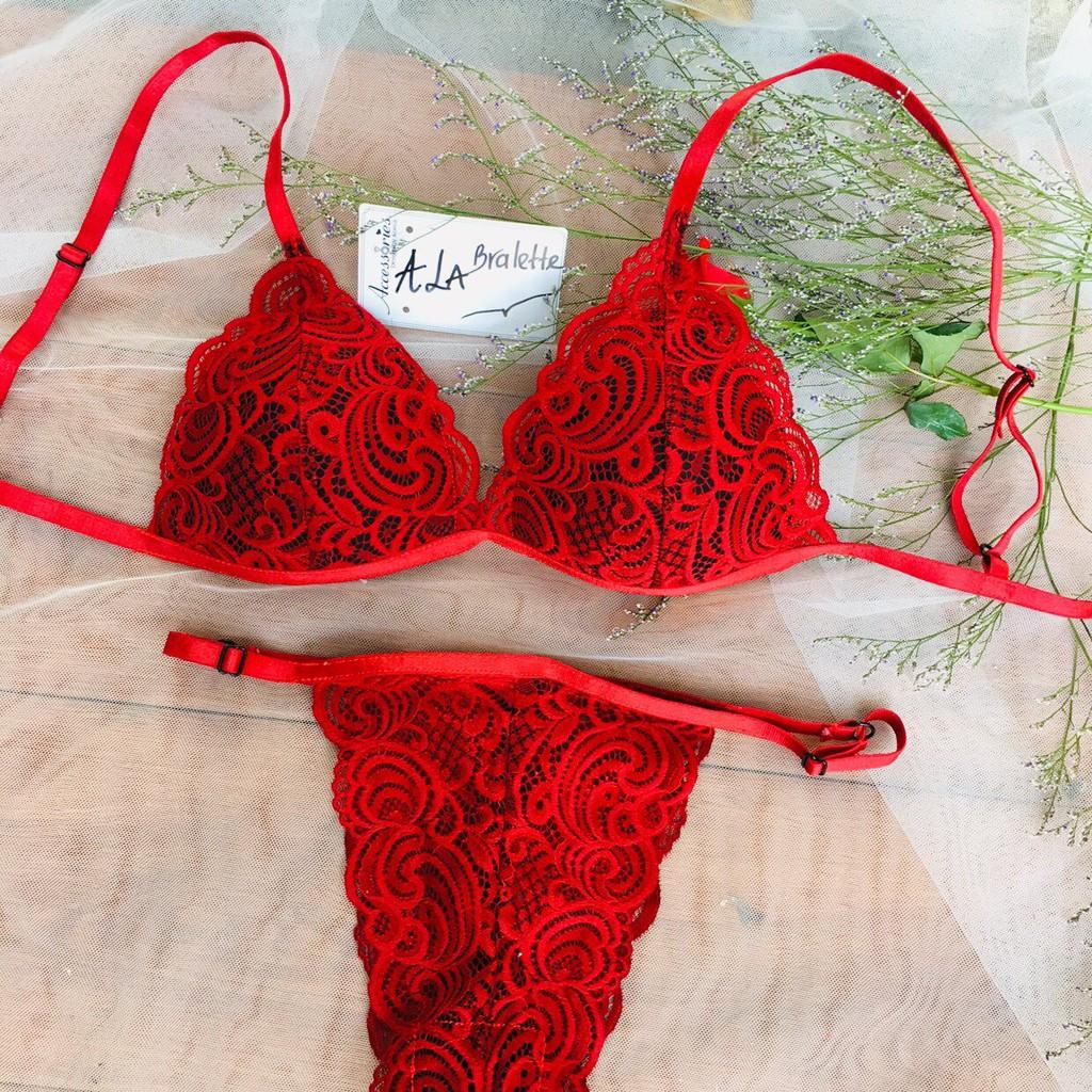Bộ đồ bra đỏ quần dây thiết kế bằng chất liệu vải ren thoáng mát vô cùng sexy và gợi cảm