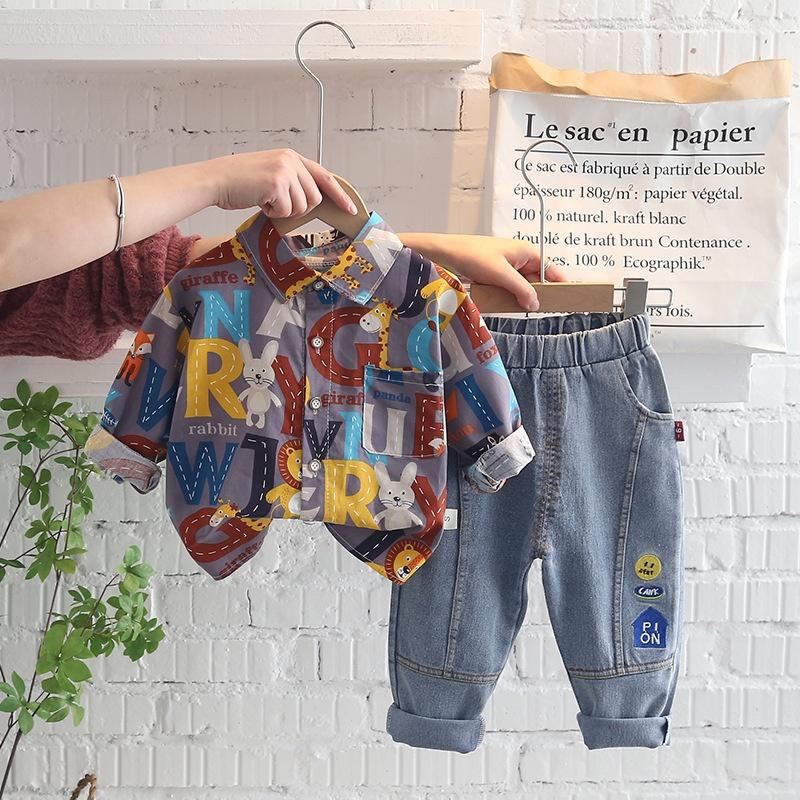 BS12 Size80-120 Set bộ bé trai. Quần bò quần jean dài + Áo sơ mi Quần áo trẻ em hàng quảng châu