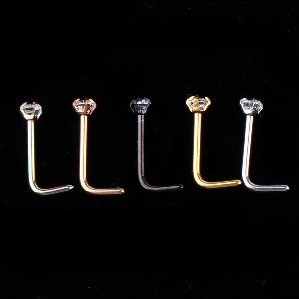 2-7pack 5 Pieces Stainless Steel L Shaped Nose Stud Rings Bar Body Piercing 20g