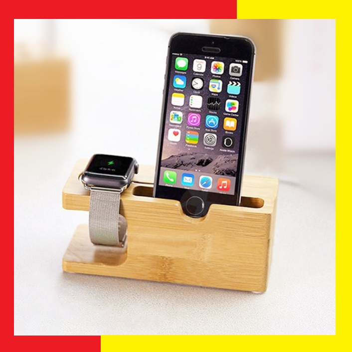 	Dock đế sạc gỗ kèm giá đỡ đa năng iPhone, iWatch, Android bằng gỗ Tre màu Sáng và Sang,Tiện lợi có lỗ luồn dây sạc phone có thể vừa sạc vừa xem phim nghe nhạc - Dock Đế Sạc Đồng hồ thông minh