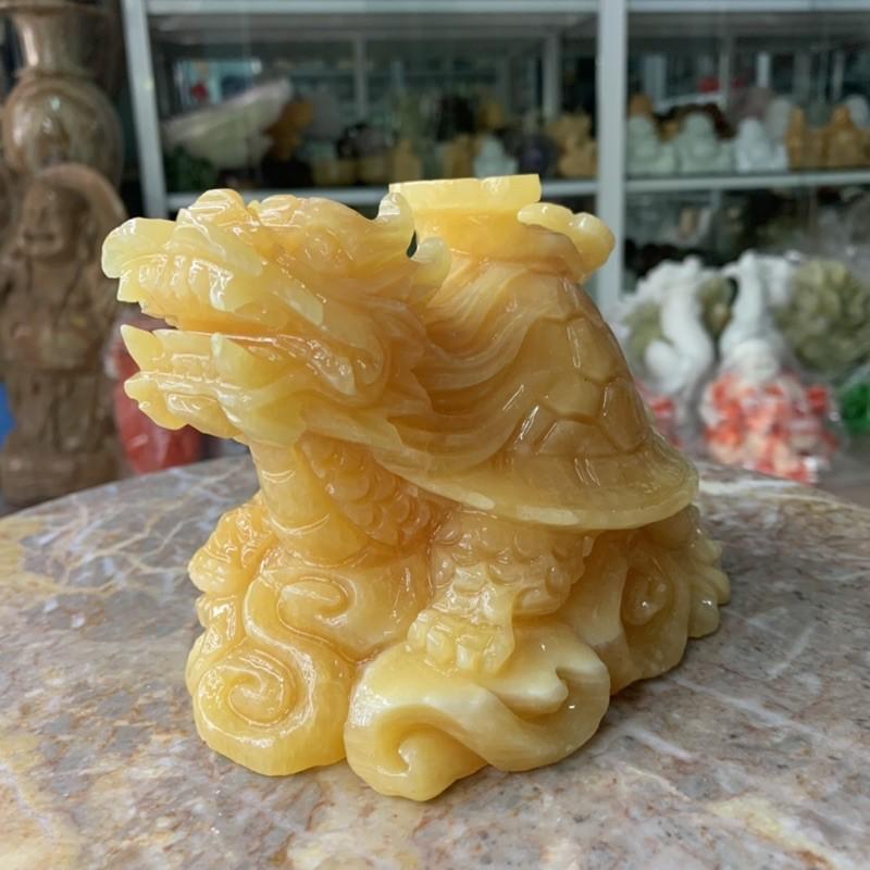 Tượng Long Quy cõng gậy như ý phong thủy đá ngọc hoàng long - Dài 15 cm