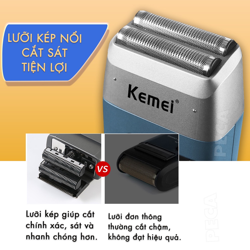 Máy cạo râu khô Kemei KM-3385 lưỡi kép nổi cạo sạch nhanh USB màn hình LCD thông minh kèm đầu tỉa phụ, có thể dùng cạo đầu fade tóc