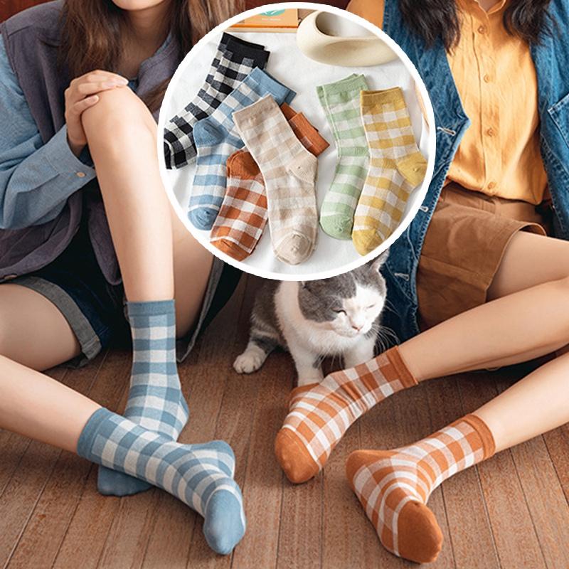 Unisex Stripe Cotton Middle Tube Socks Grid Solid Retro Color Sock Supplies