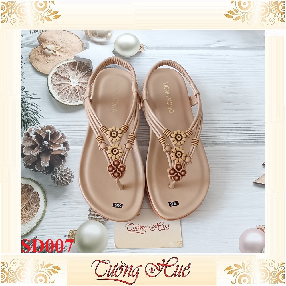 [Ảnh Thật 100%] Sandal Nữ Xỏ Ngón Quai Đính Hoa Đế Bệt - SD007