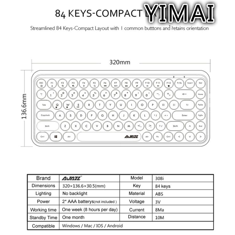 Bàn phím bluetooth không dây Ajazz 308i có 84 nút tròn chuyên dụng cho chơi game-Hàng nhập khẩu