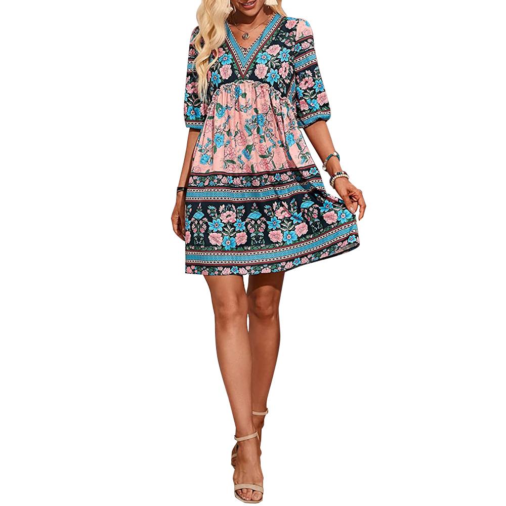 Women Ruffle Floral Flowy Boho Dress Half Sleeves V-Neck Holiday Summer Beach Dress Blue L