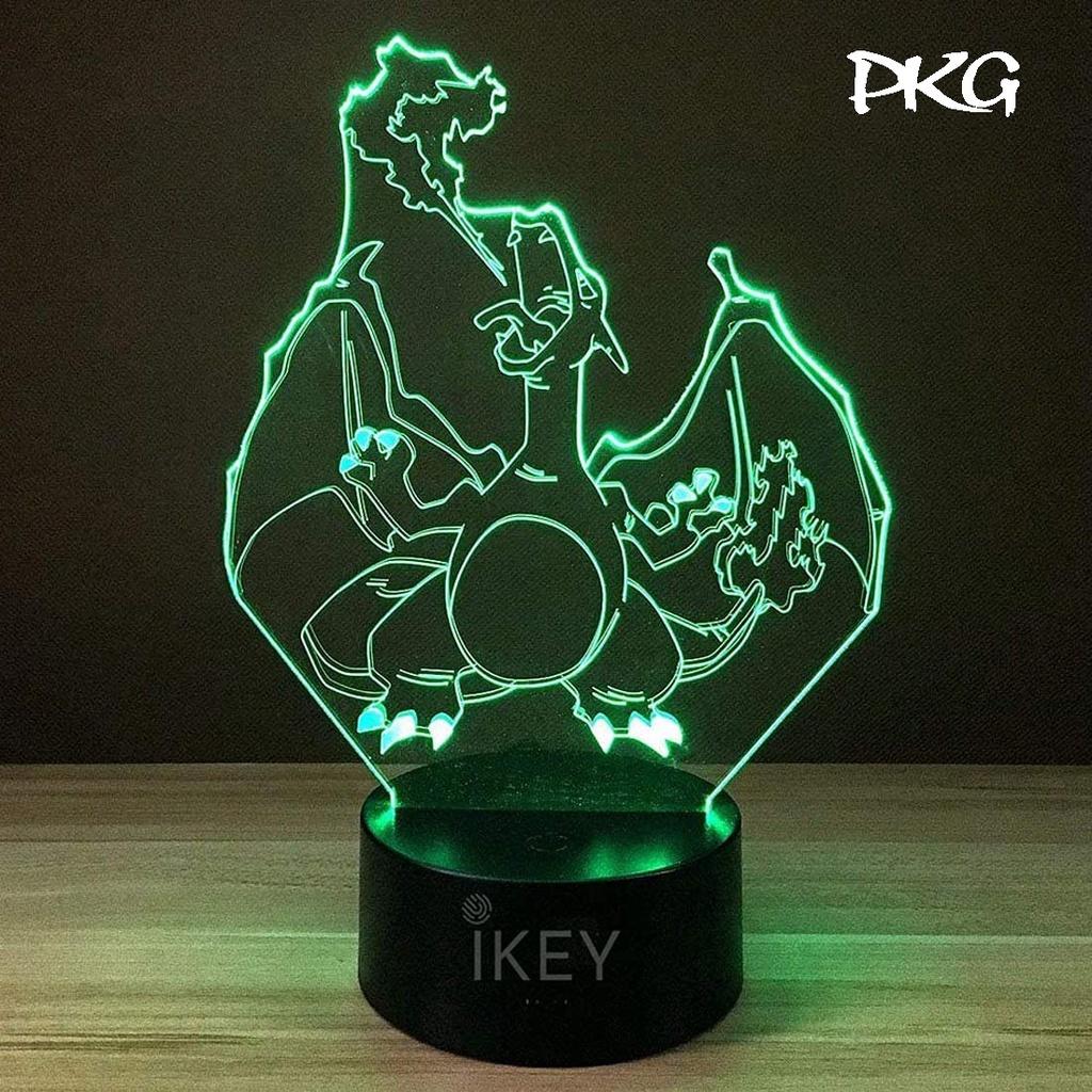 Đèn Ngủ Led 3D Hình Charizard Pokemon Quà Tặng Trang Trí cảm ứng có Điều khiển từ xa nháy sáng 16 màu