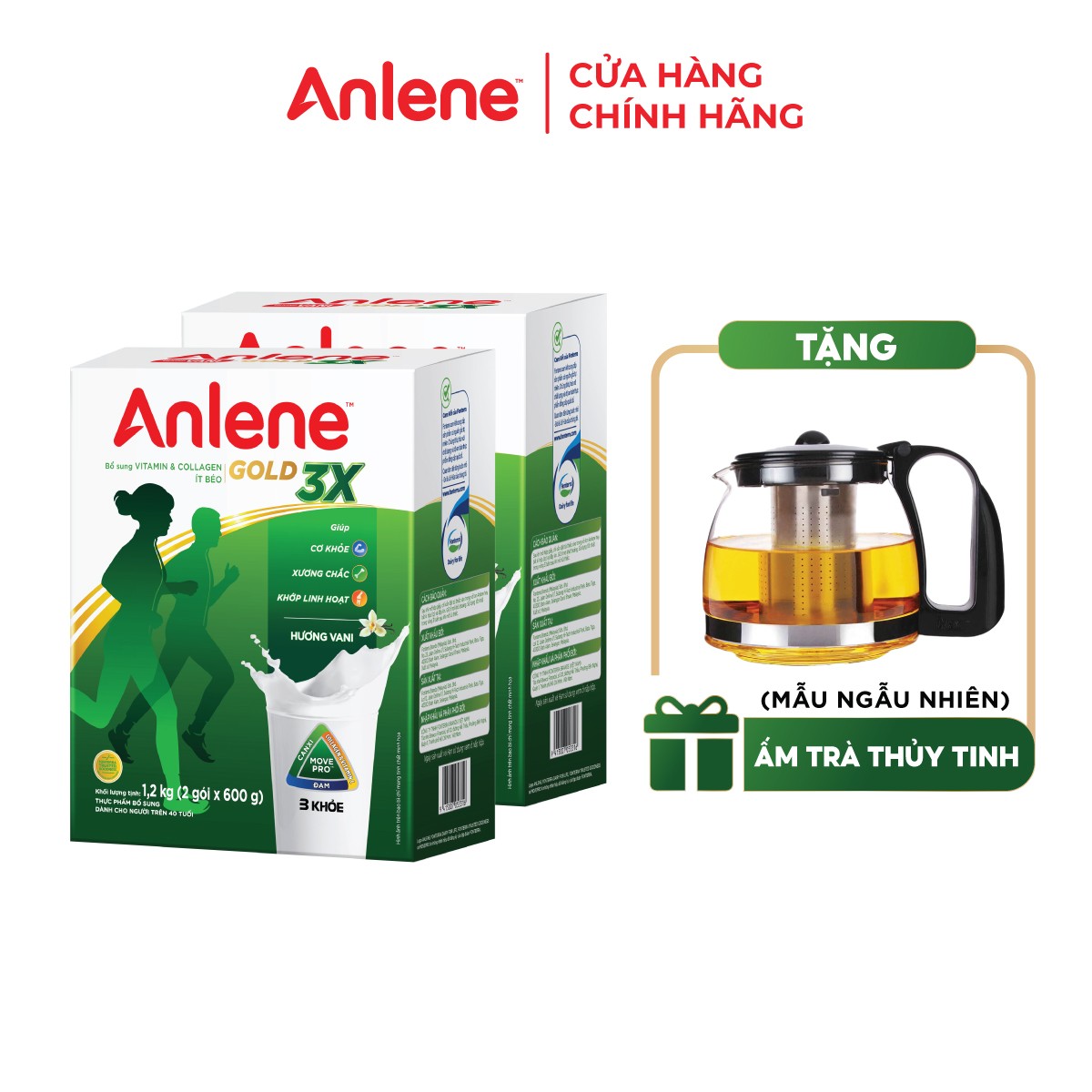 Combo 2 Sữa Bột Anlene Gold 3X Hương Vanilla (Hộp giấy 1200g) - Tặng ấm trà (mẫu ngẫu nhiên)