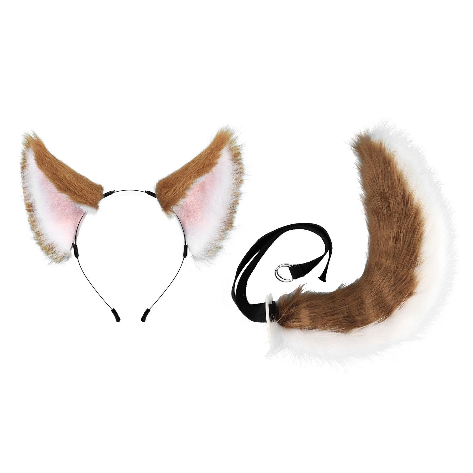 Ears and Long Tail Set Hair Hoop Cosplay Cat Ear Plush Wolf Ears Handmade Headdress Headwear for Performance Christmas Prom Party Adults