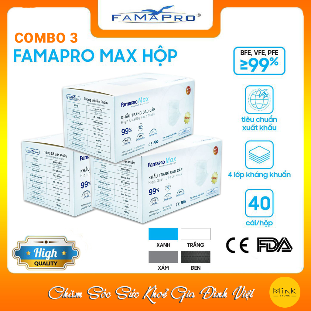 [HỘP - FAMAPRO MAX] - Khẩu trang y tế kháng khuẩn 4 lớp Famapro Max (40 cái/ hộp) - COMBO 3 HỘP