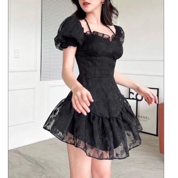 Đầm váy thiết kế ren mềm lót lụa mút ngực xoè tầng trễ vai cổ vuông tay phồng đi biển dự tiệc dạo phố bigsize gợi cảm