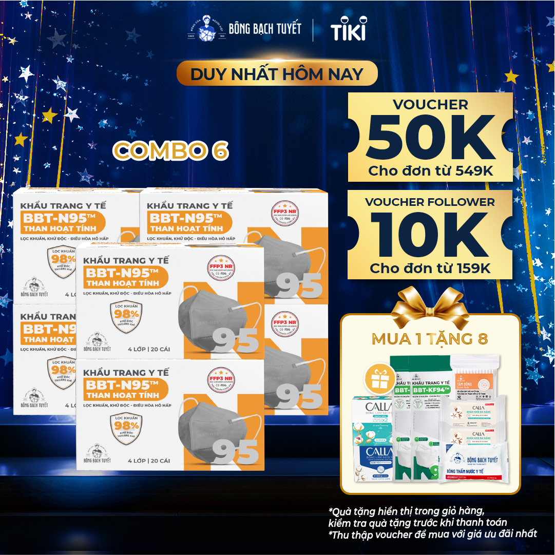 Combo 6 Hộp khẩu trang Bông Bạch Tuyết N95 than hoạt tính