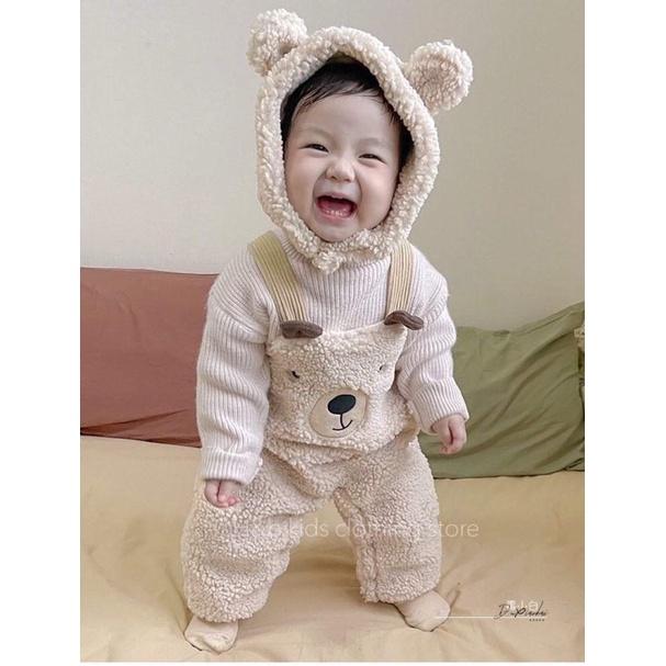 Set body yếm lông gấu rời kèm áo len tay dài kèm mũ lông tai gấu cho bé trai và bé gái - yếm thu đông ấm- áo quần trẻ em