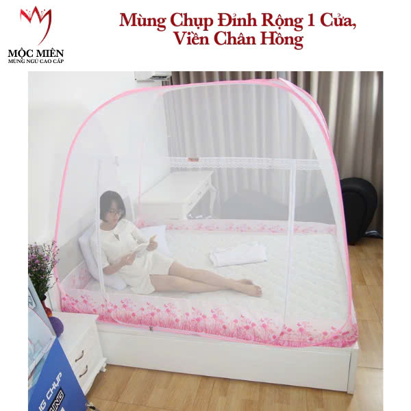 Màn Chụp , Mùng Chụp Cao Cấp Mộc Miên Đỉnh Rộng - Kích Thước 1,8mx2m Hoạ Tiết Hoa Lá Trắng Viền Hồng ( Hà Nội )