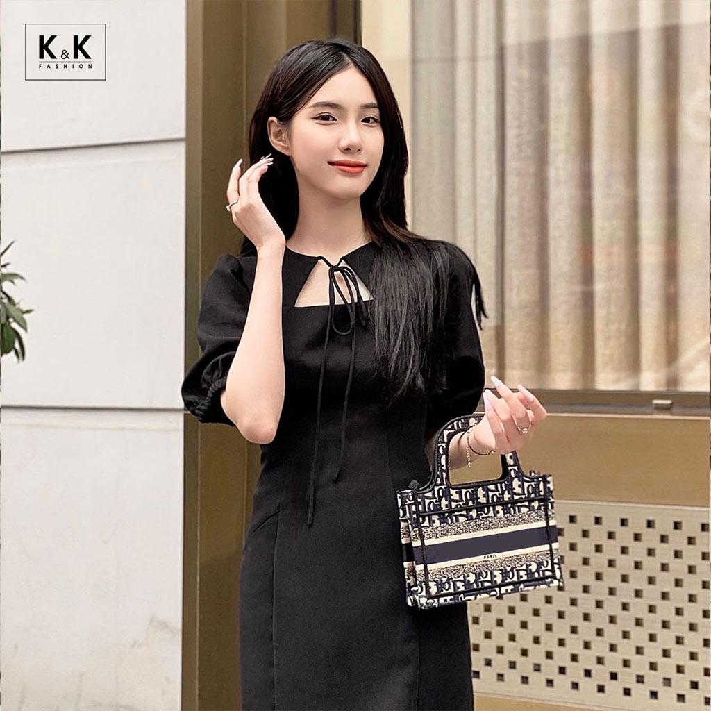 Đầm Đen Công Sở Cổ Cut Out Tay Lửng K&amp;K Fashion KK119-30 Chất Liệu Tuyết Mưa