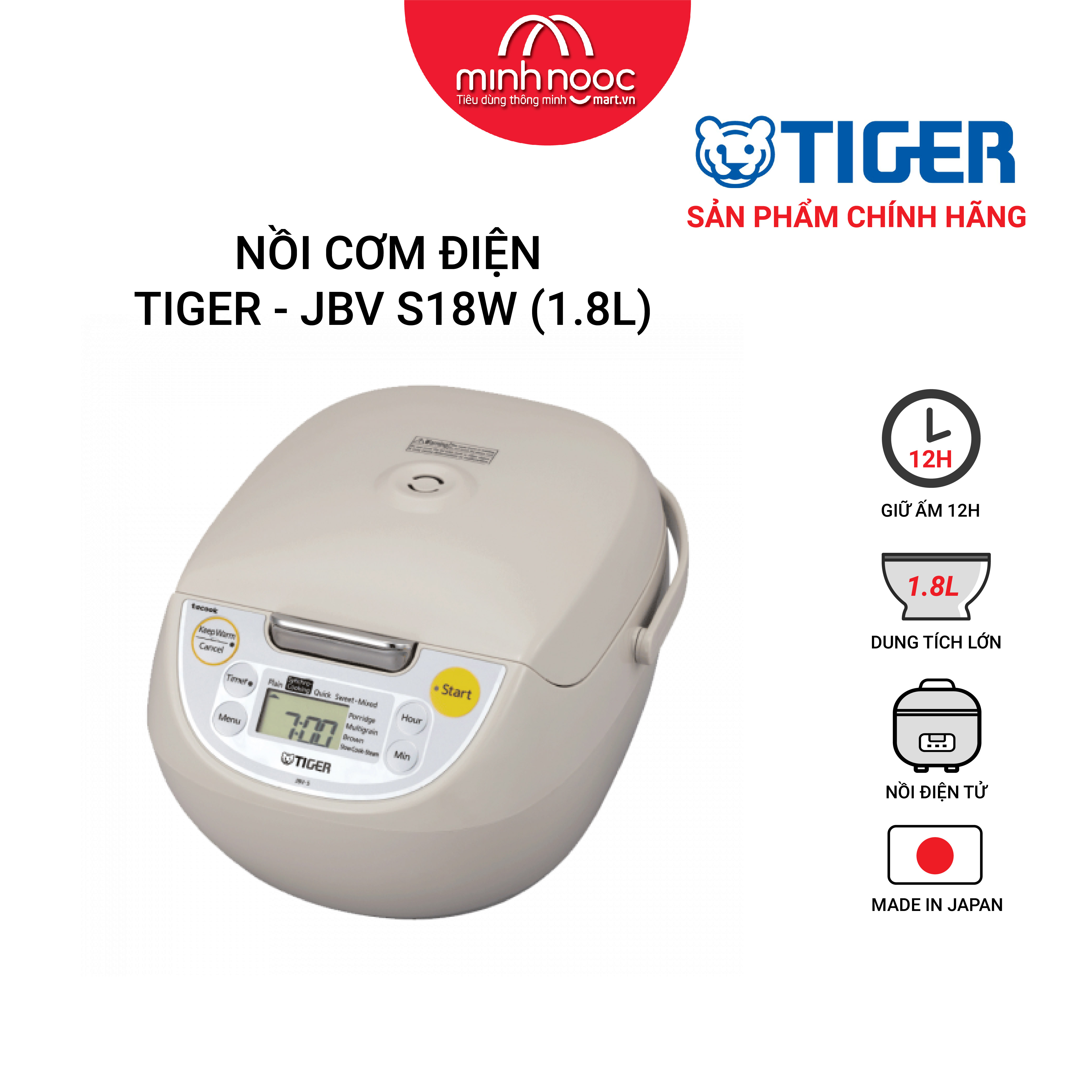 HÀNG CHÍNH HÃNG: Nồi cơm điện Tiger dung tích 1.8l  JBV - S18W MADE IN JAPAN