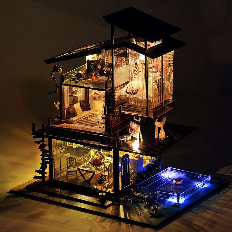 Mô hình nhà DIY Doll House Valencia Coast Kèm Hộp nhạc và Mica Chống bụi