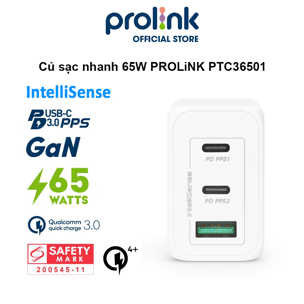 Củ sạc nhanh 65W PROLiNK PTC36501, 3 cổng (USB-A QC 3.0 & 2USB-C PD 3.0) IntelliSense, dùng cho điện thoại, iPad, Laptop - Hàng chính hãng