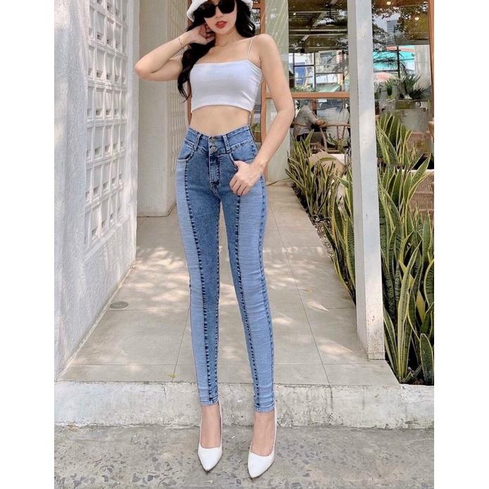 Quần jean Nữ Ghép Thân 2 Màu Lưng CAo Vải Mềm Co Giãn