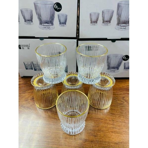 Set 6 Ly thủy tinh uống rượu Tây pha lê viền nhũ vàng cao cấp, cốc uống rượu whisky