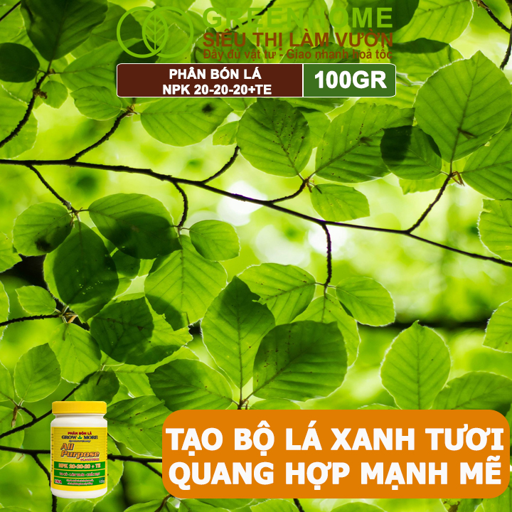 Phân Bón Lá Grow More NPK 20-20-20, GreenHome, Chai 100GR, To Củ, Lớn Trái, Chắc Hạt
