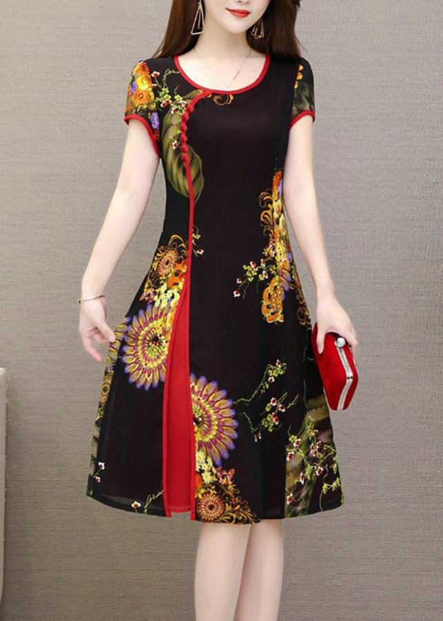 GOTI - Đầm Suông Dự Tiệc Trung Niên Kiểu Váy Đầm Trung Niên Cao Cấp Dành Cho Mẹ U50 U60 In Họa Tiết Cổ Tàu Đính Nút 3240 3310
