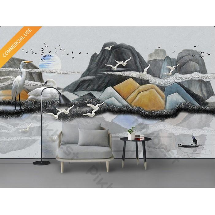 Tranh phong thủy núi chim trên tường nền nghệ thuật, Tranh dán tường 3d hiện đại MS1126747