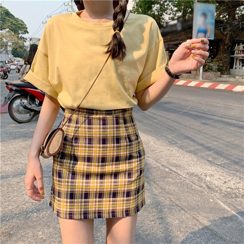 Women Fashion Stitching Color Lattice High Waist Skirt Slim A Line Skirt