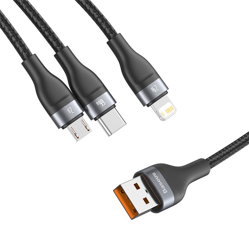 Baseus - Cáp sạc siêu nhanh 3 đầu BASEUS Flash SERIES 3 in 1 (Usb &amp; C/ L/ MICRO, 5A/66W QC &amp; Data Cable) (Hàng chính hãng