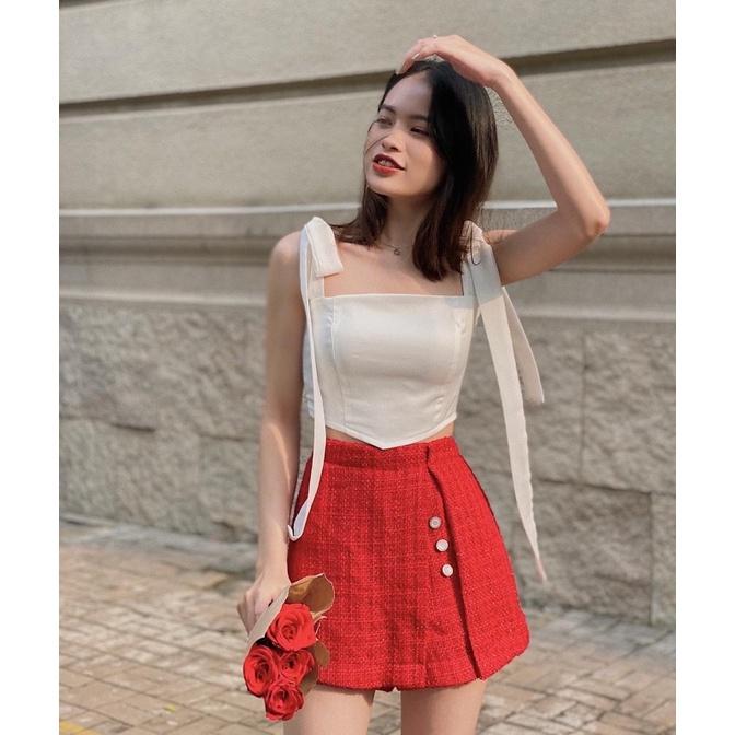 Áo hai dây croptop cột nơ ôm body REVERCLOTHINGS lụa trắng Zanni Top