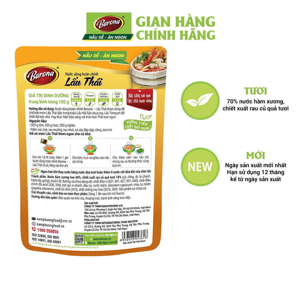 Hộp Xuân Nước Dùng Hoàn Chỉnh Barona 180g, 2 gói Lẩu Thái, 2 gói Lẩu Chua Cay, 1 gói Lẩu Kim Chi