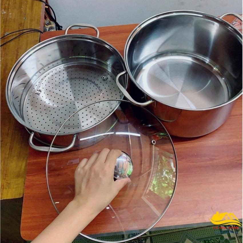 Nồi luộc gà kèm xửng hấp 2 tầng size 28 inox cao cấp sáng bóng chống bám bẩn nồi luộc gà hà minh store