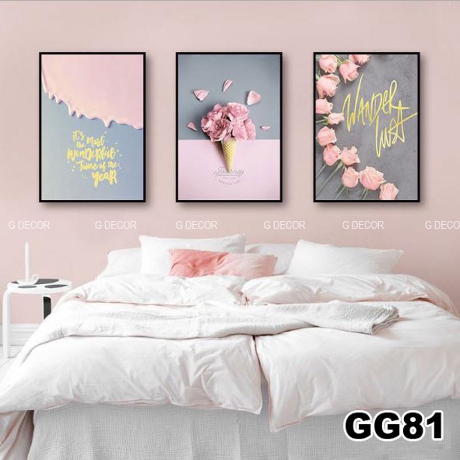 Tranh treo tường canvas 3 bức phong cách hiện đại Bắc Âu 164, tranh hoa hồng trang trí phòng khách, phòng ngủ, phòng ăn