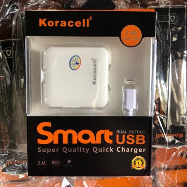 Bộ sạc nhanh Koracell 2.4A cổng L, có 2 cổng USB, Hàng chính hãng