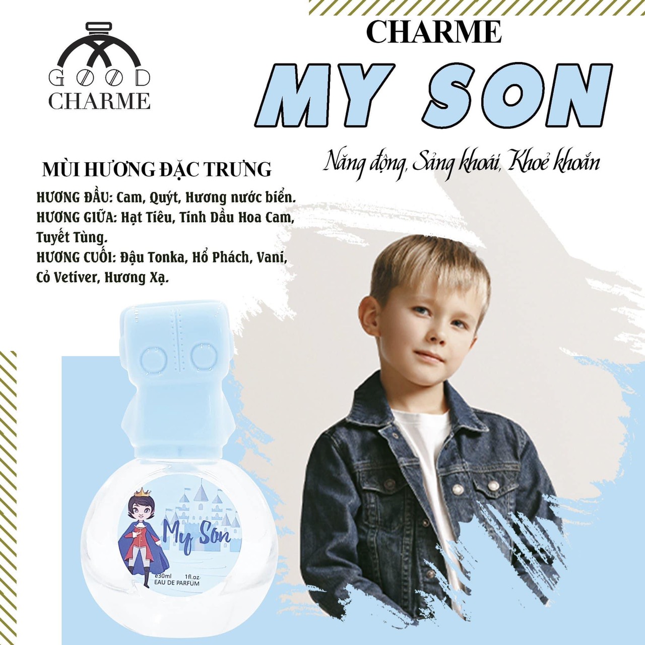 Nước hoa cho bé, Charme My Son, chính hãng, tầng hương năng động, sảng khoải, dành cho trẻ em, 30ml