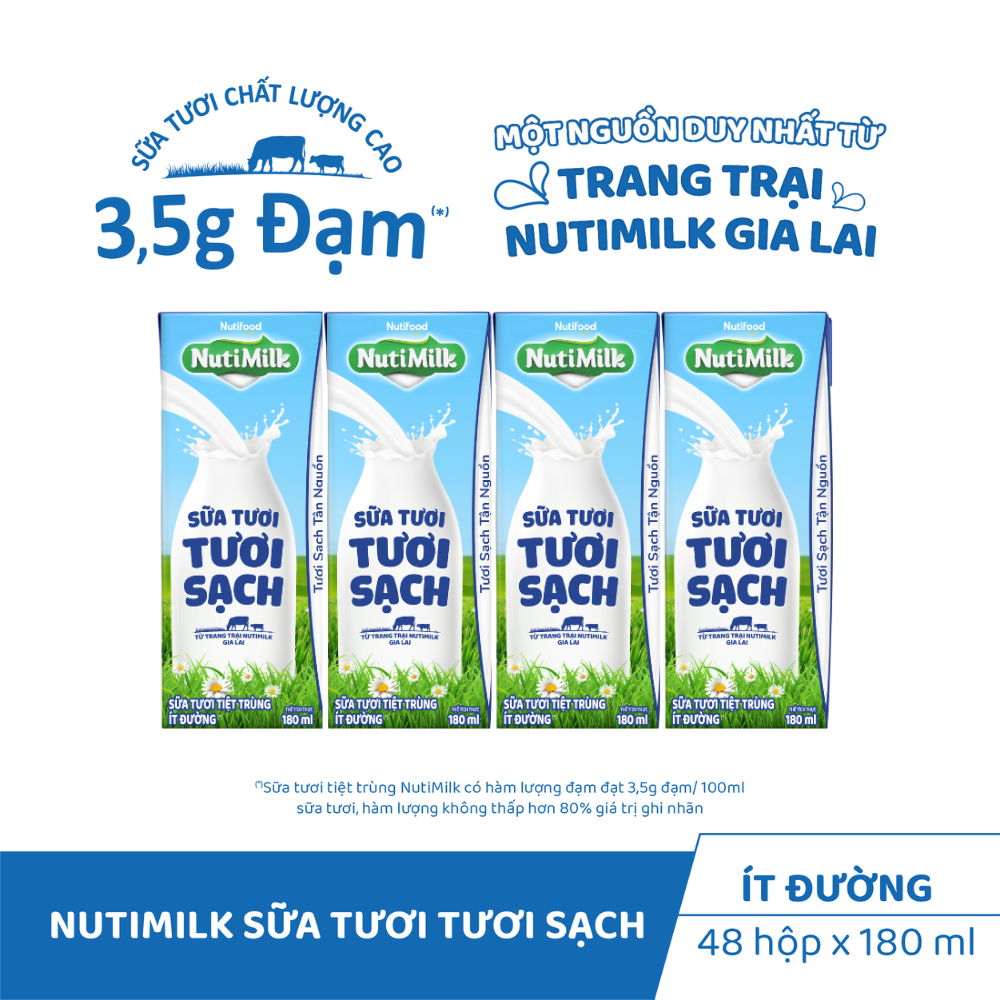 Thùng Sữa Tươi Tiệt Trùng Nutimilk Ít Đường 180ml (Hộp 180ml x 48)