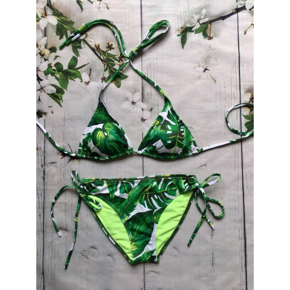 freeship Bikini hai mảnh mặc đi biển chất thun lạnh họa tiết lá xanh