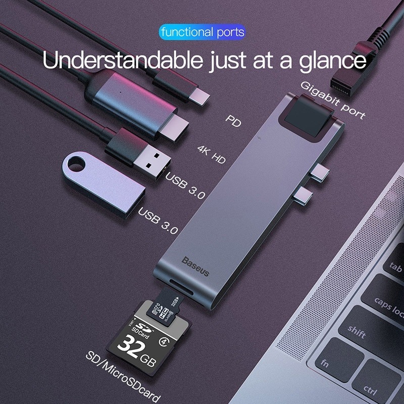 Bộ HUB chia cổng sạc 7 in 1 hiệu Baseus Thunderbolt Dual Type-C cho Macbook Pro mở rộng cổng sạc nhanh, 2 cổng USB 3.0, PD, SD, Micro SD, HDMI, Cổng mạng LAN - Hàng chính hãng