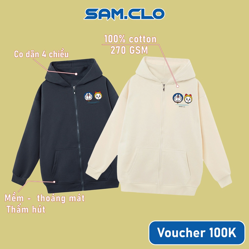 Áo khoác Hoodie Zip nam nữ SAM CLO có mũ form rộng chất nỉ tay dài thu đông ZIP DORAEMON MI