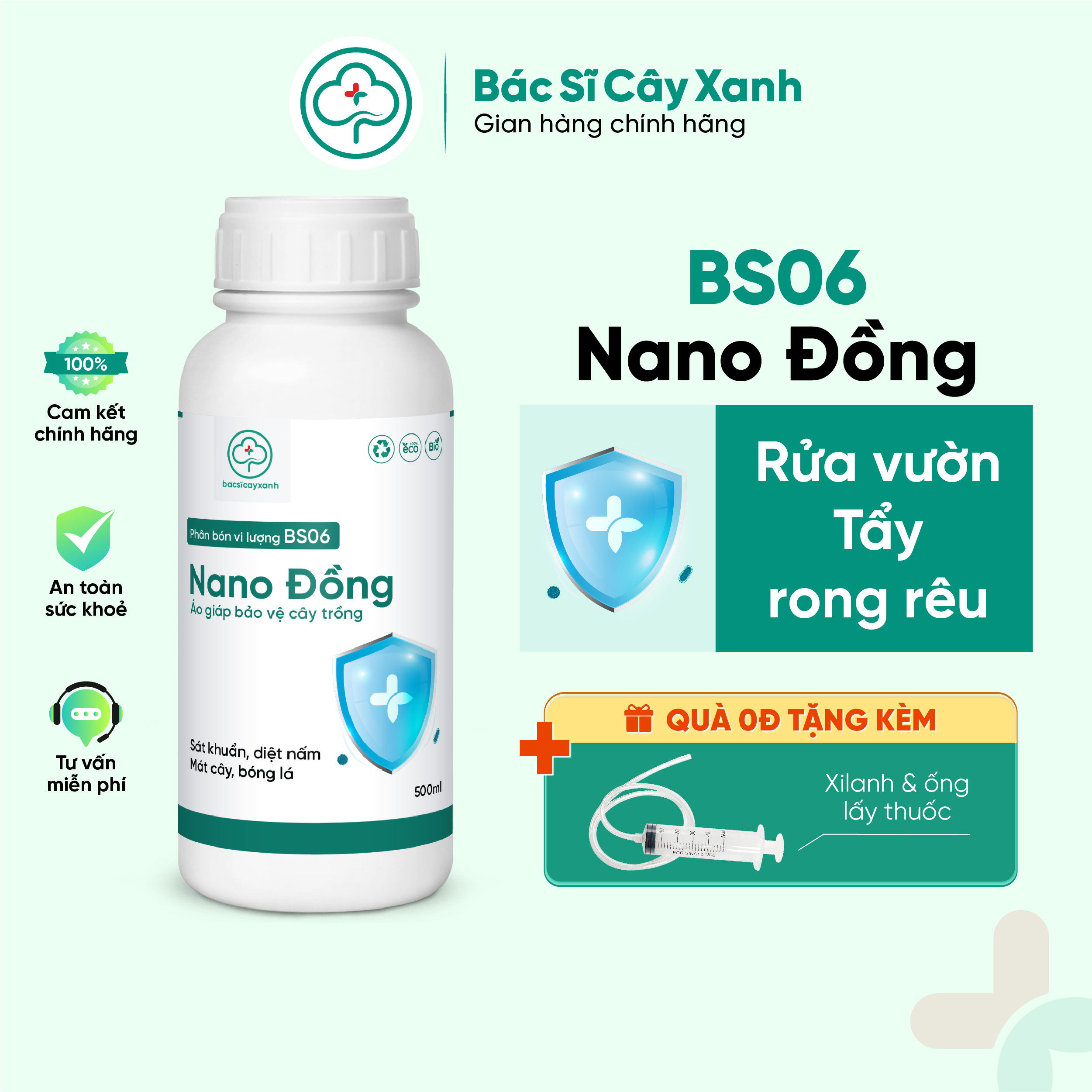 Phân bón vi lượng BS06 Nano Đồng Rửa vườn, tẩy rong rêu, nấm móc, phòng ngừa bệnh cây trồng 250/500ml NSX Bacsicayxanh