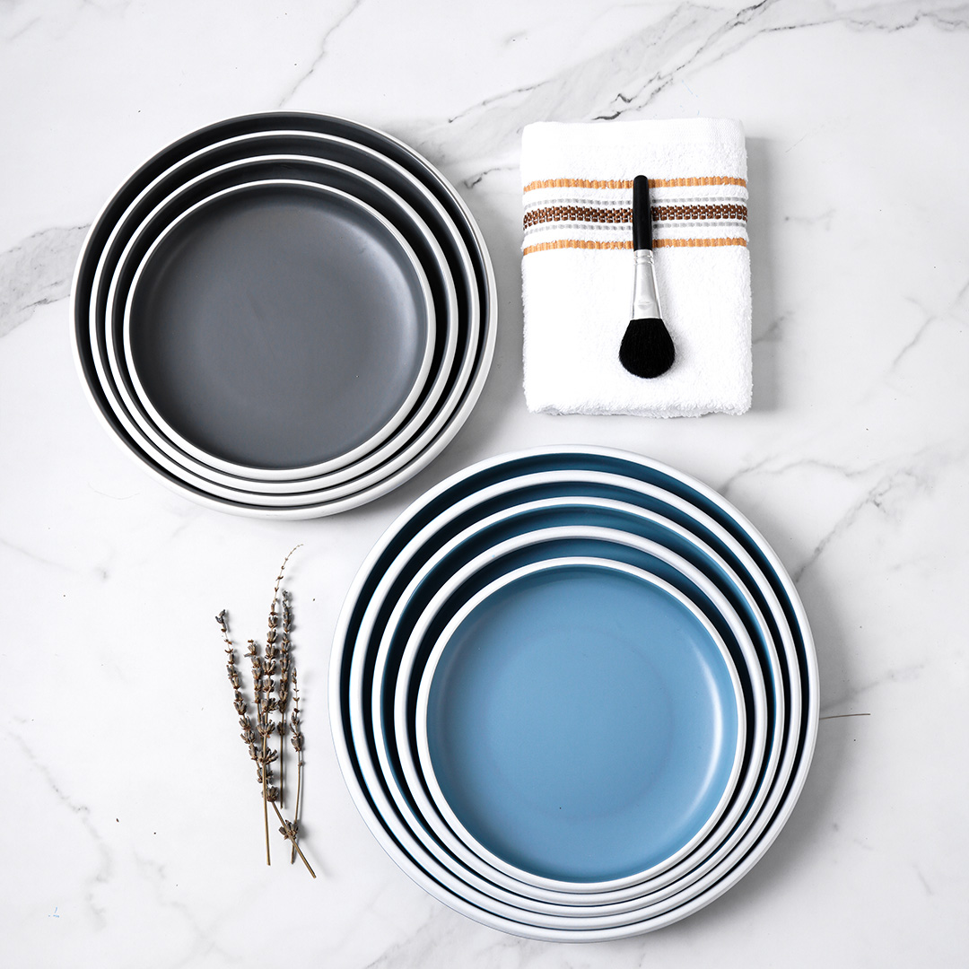 Dĩa tròn bằng melamine cao cấp màu xanh vân trắng - nhiều size