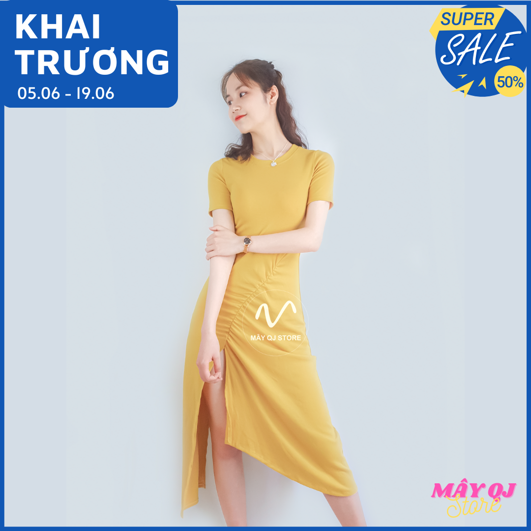 Đầm Body Nữ Dáng Dài Nhún Eo Ngắn Tay Chất Vải Thun Cotton Co Giãn Mềm Mịn Quyến Rũ Freesize dưới 58kg