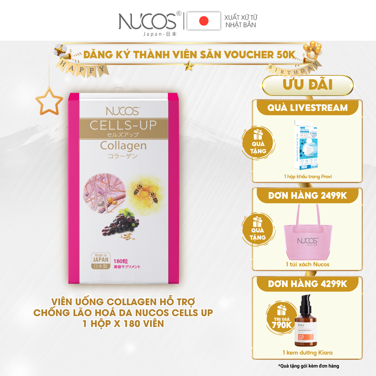 Viên uống collagen trẻ hóa da tăng đàn hồi da Nucos cells up 180 viên