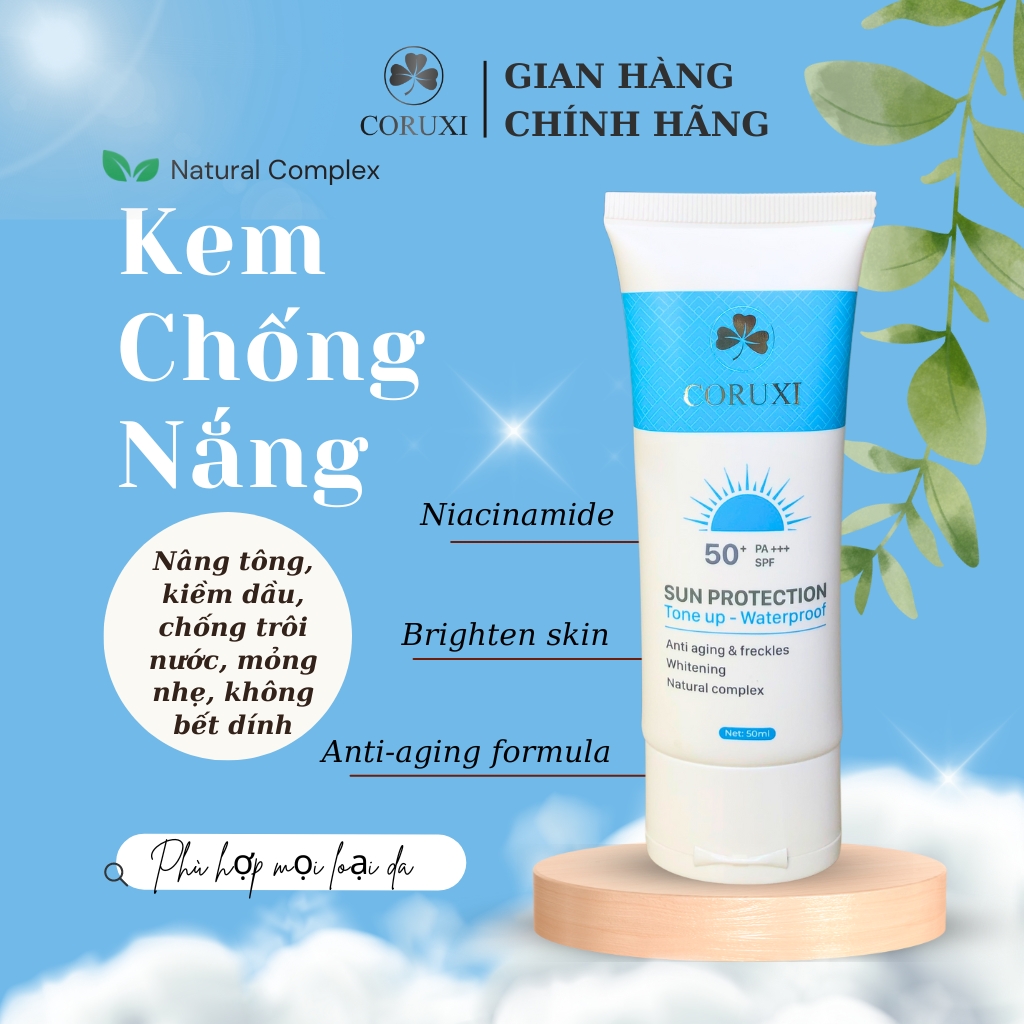 Kem Chống Nắng Coruxi Cho Da Dầu Mụn, Thoáng Da, Kiềm Dầu, Nâng Tone, Chống Nước, Ngừa Lão Hóa, Cho Da Đẹp Mịn Mướt Coruxi Chính Hãng 50ml