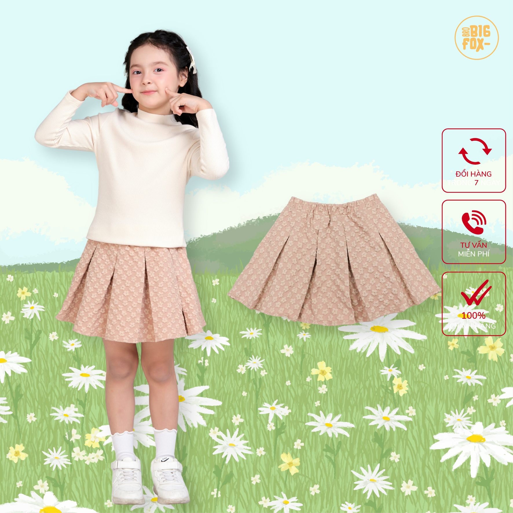 Chân váy bé gái xếp ly Bigfox Miss Meow size đại có quần bảo hộ cho trẻ em 7-11 tuổi 25-35kg
